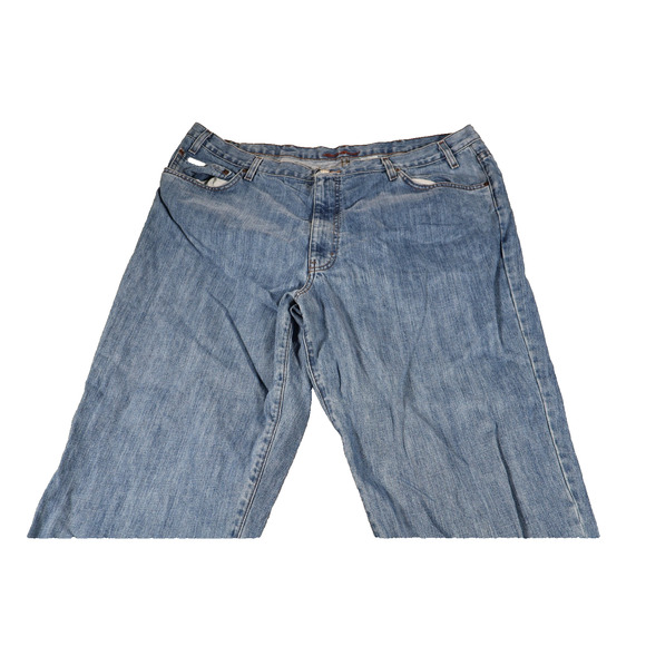 Eddie Bauer Jeans Mens 44x36 Blue Classic Fit Premium Denim Distressed Raw Hem - Picture 3 of 9